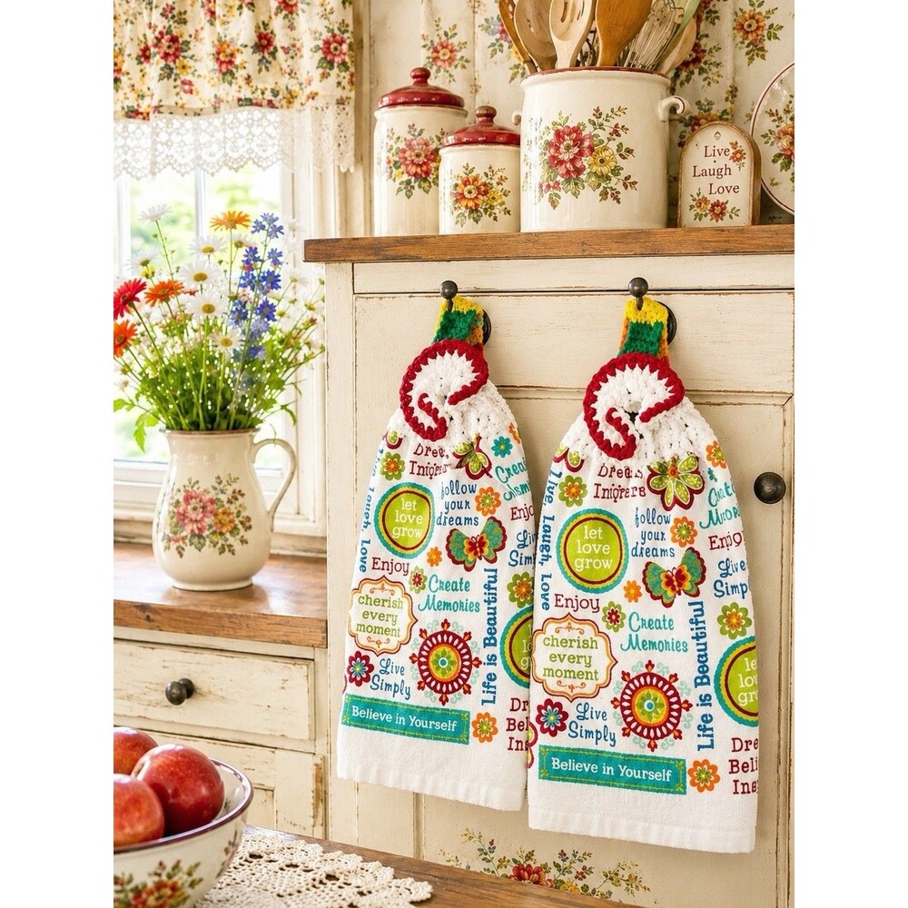 Set Of 2 Inspirational Hanging Kitchen Towels Crochet Top Cottagecore Decor Set